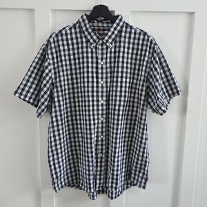 IZOD Navy Blue & White Gingham Short Sleeve Button Down Shirt-Size XXL